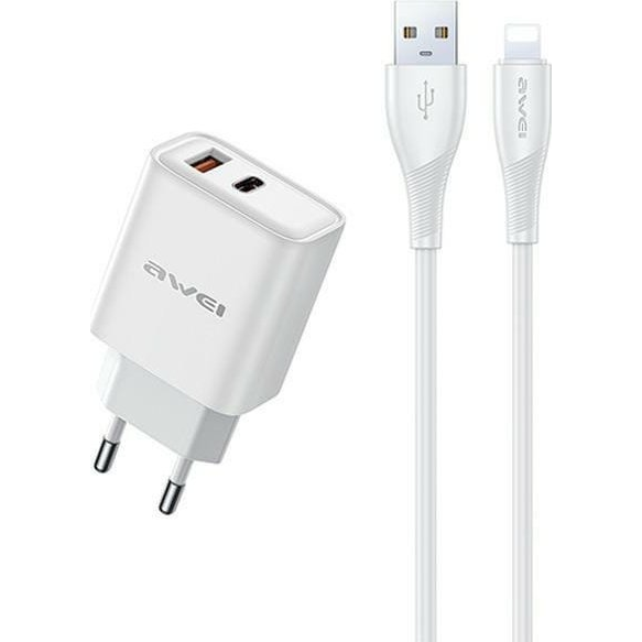 A WEI PD81L-EU Hálózati Töltő USB+Type-C Aljzat 22.5 W, PD Gyorstöltő + Lightning Kábel, Fehér