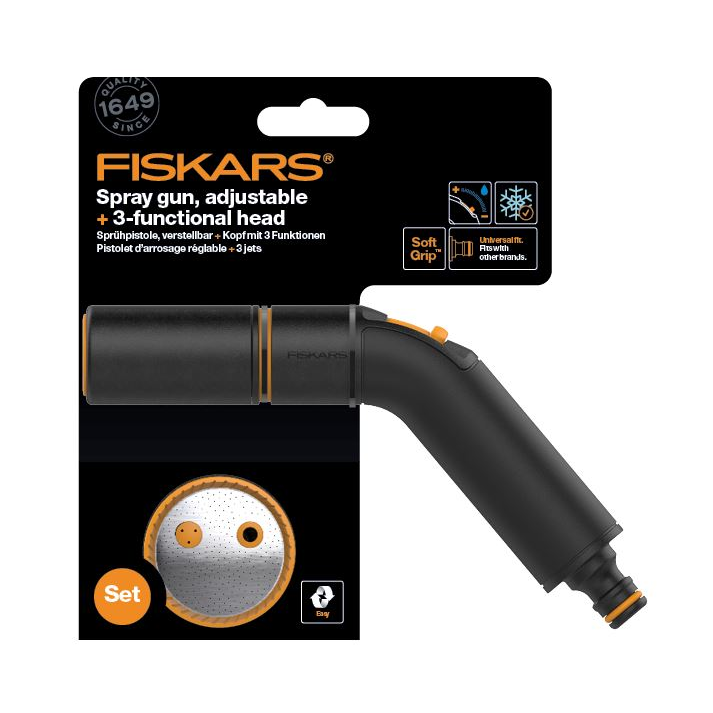Fiskars 1056493 Comfort locsolópisztoly állítható locsolófejjel + 3 funkciós öntözőfej (Fiskars1056493)