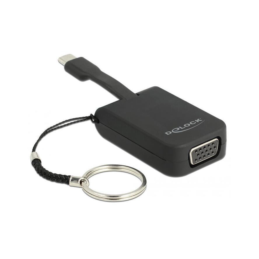 Delock USB-C / Thunderbolt -> VGA M/F adapter 0.03m fekete DP Alt Mode; Key Chain (63941)