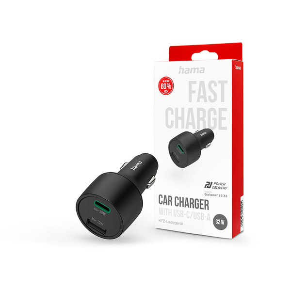 HAMA szivargyújtó töltő adapter USB-A + Type-C bemenettel - 32W - HAMA Charger  Kit with USB-C/USB-A PD3.0 + QC3.0 - fekete