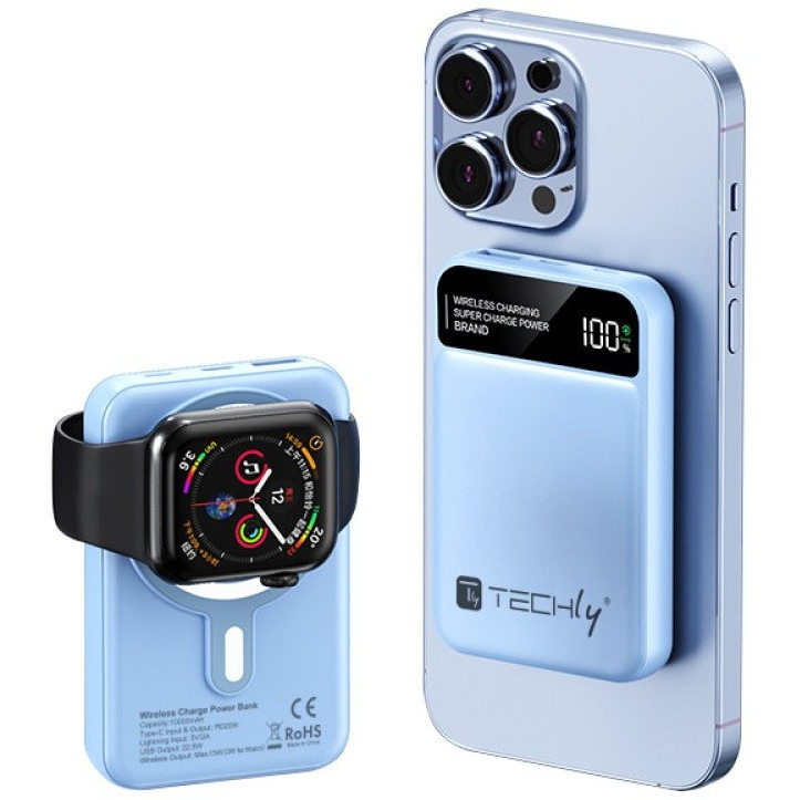 Techly I-CHARGE-10LCDBL külső akkumulátor Lítium-polimer (LiPo) 10000 mAh Vezeték nélkül tölthető Kék (TLY_621307)