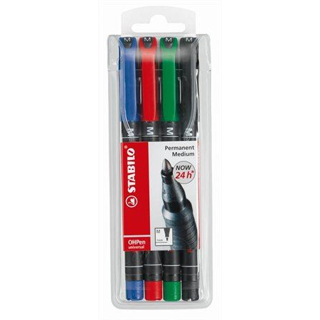 STABILO OHPen universal permanent, 4 Pack permanentný značkovač Guličkové zakončenie Čierna, Modrá, Zelená, Červená 4 kusov (843/4)