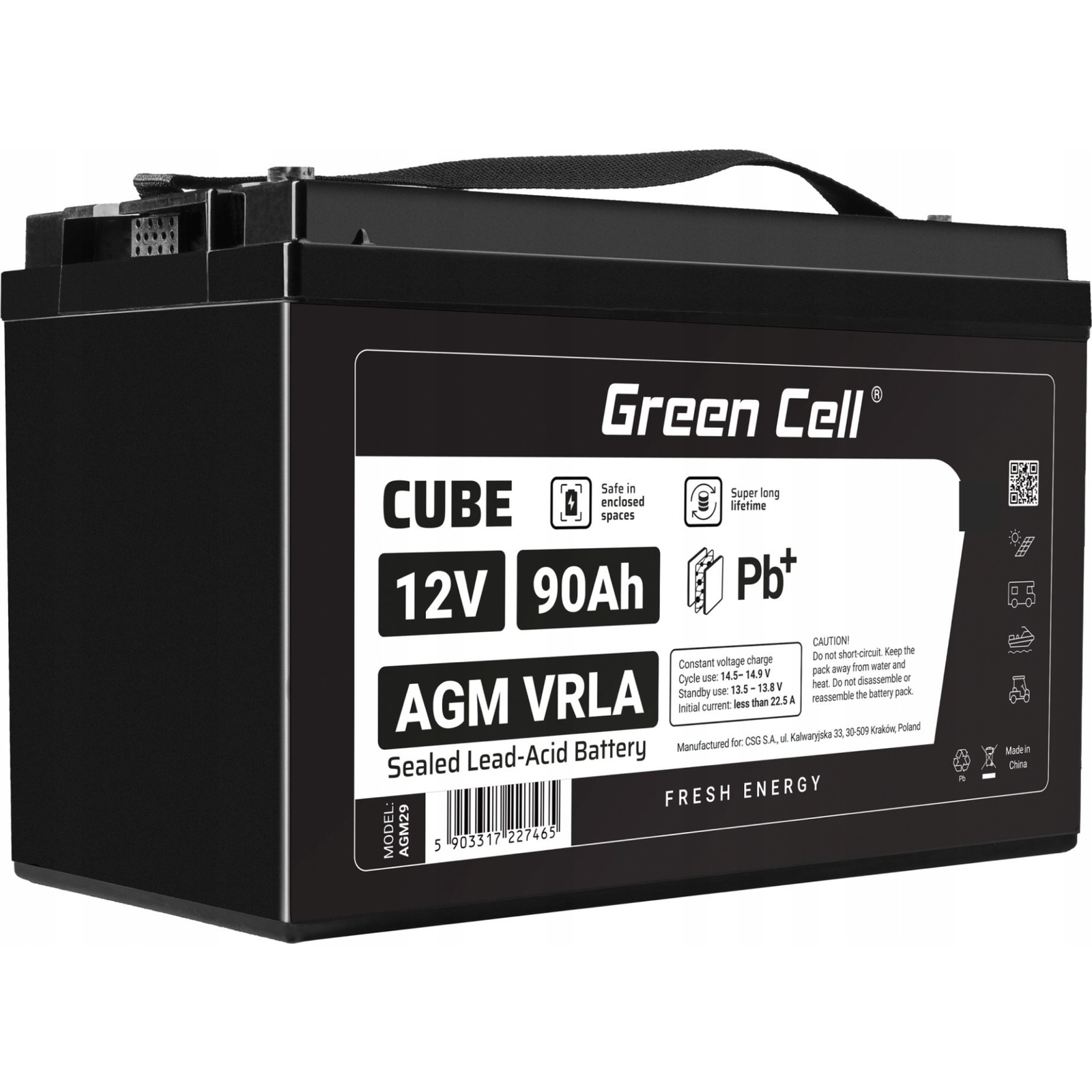 Green Cell Cube AGM VRLA IP54 12V 90Ah karbantartásmentes akkumulátor lakóautókhoz, fotovoltaikus rendszerekhez, napelemekhez és hajókhoz (AGM12V90AH-J)