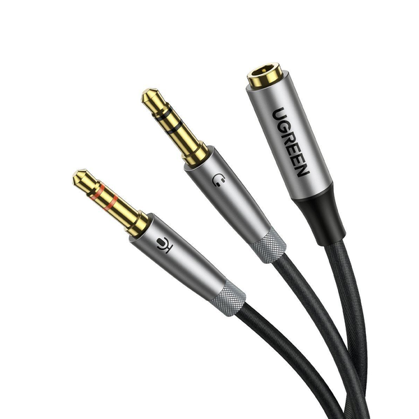 Кабел Ugreen AV193 50255, 3.5 mm mini jack (female) към 2x 3.5 mm mini jack, AUX, сребрист