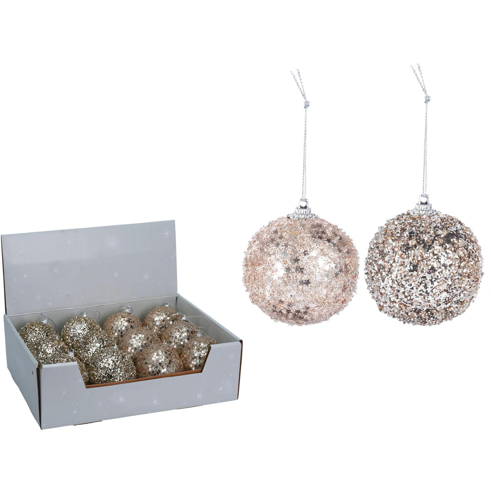 LAALU Díszgömb szett, pezsgőszínű, csillámos, 8 cm, 12 db (LAU-2007)