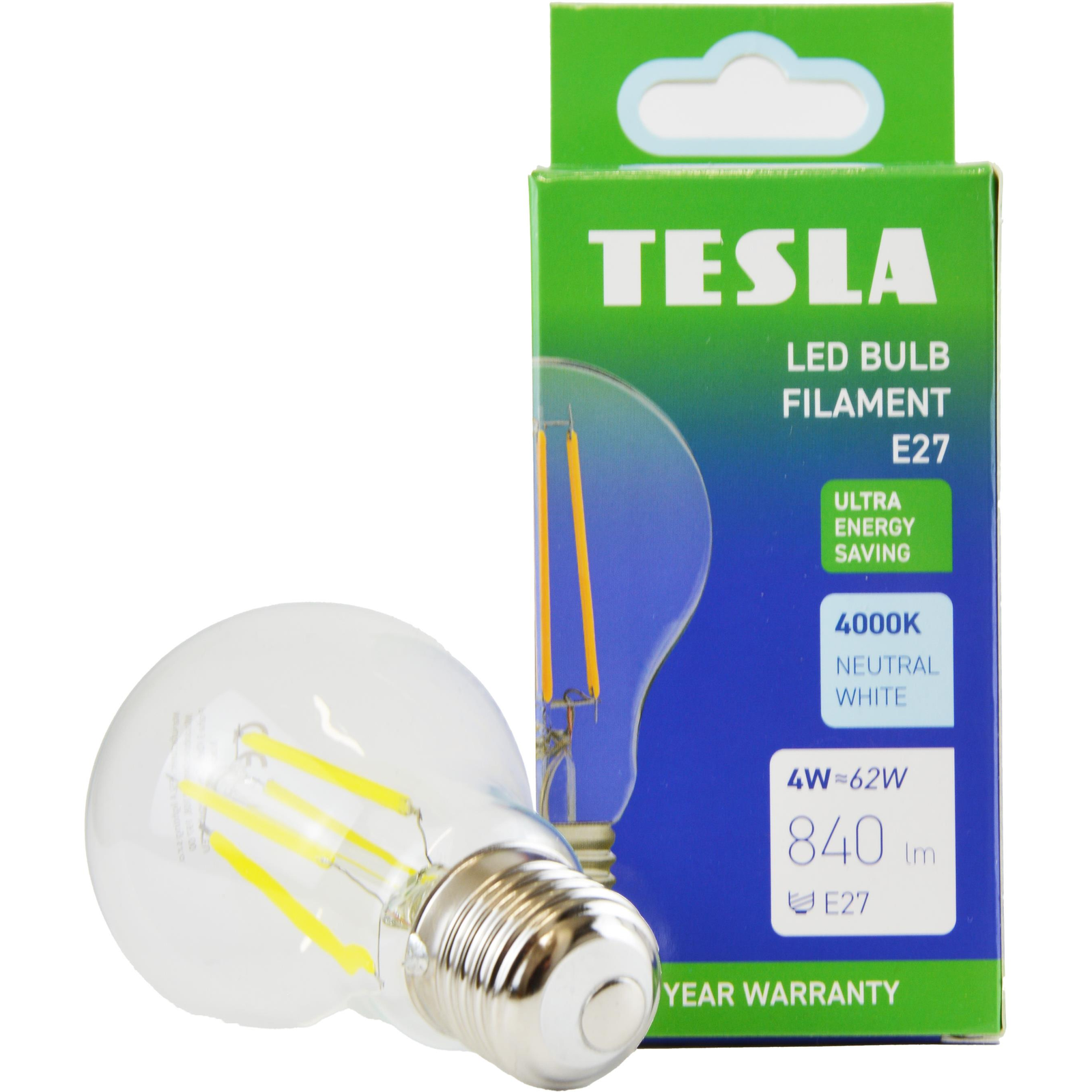 Tesla Filament A class, E27, 4W, 840lm, 4000K nappali fehér, 360°, átlátszó, 230V, 25000 óra (BL270440-A1)