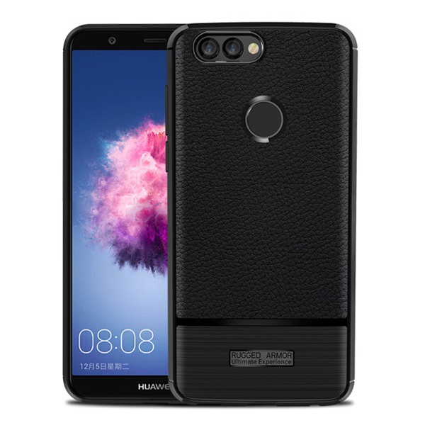 Szilikon telefonvédő (közepesen ütésálló, bőr hatású, szálcsiszolt) FEKETE [Huawei P Smart (2018)] (5996457756186)