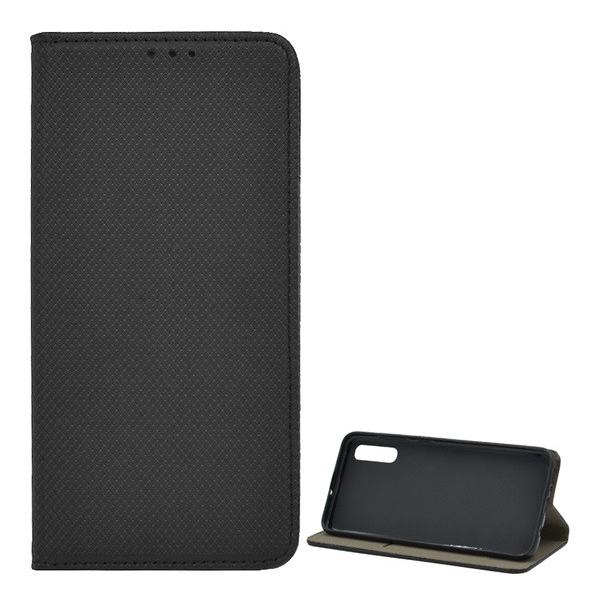 Tok álló, bőr hatású (FLIP, oldalra nyíló, asztali tartó funkció, rombusz minta) FEKETE [Samsung Galaxy A70 (SM-A705F)]