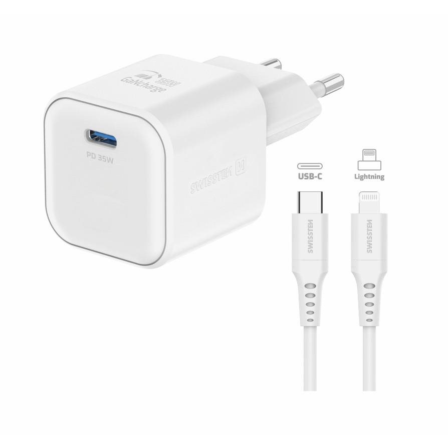 Swissten GaN 1x USB-C 35 W Power Delivery töltőfej + USB-C/Lightning 1,2 m adatkábel, fehér (22070240)
