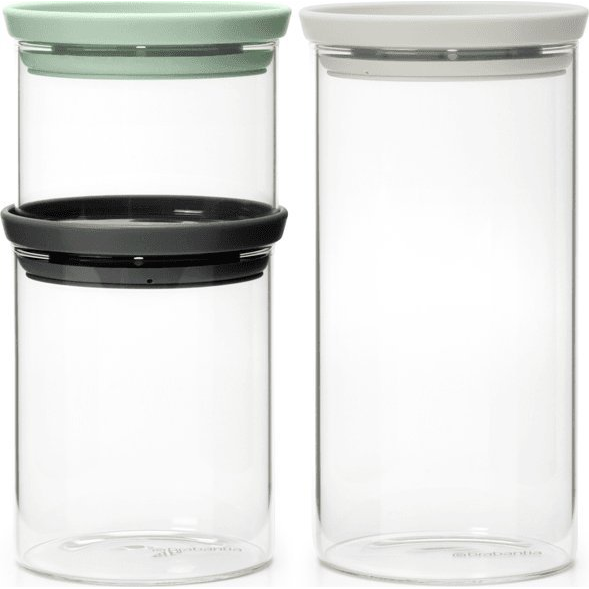 Brabantia üvegedény készlet, 3db-os, 0.3L/0.6L/1.1L, egymásra rakható, légmentes záródás, kerek, világosszürke, sötétszürke, jáde zöld fedők, átlátszó üveg tartály - 100550 (100550)