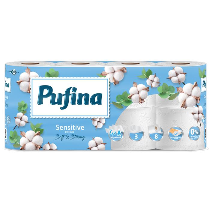 Pehart Tec Grup S.A. Pufina Sensitive Aquabond 3 rétegű Toalettpapír Illatmentes (8 tekercs) (PP20807)