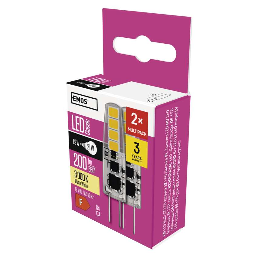 EMOS LED izzó Classic JC / G4 / 1,9 W (21 W) / 200 lm / meleg fehér. 2db/doboz (DBKF-EMZQ8620-2)