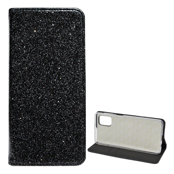Tok álló, bőr hatású (FLIP, szilikon belső, oldalra nyíló, asztali tartó funkció, bankkártya tartó, csillogó) FEKETE [Samsung Galaxy M51 (SM-M515F)] (5996591033303)