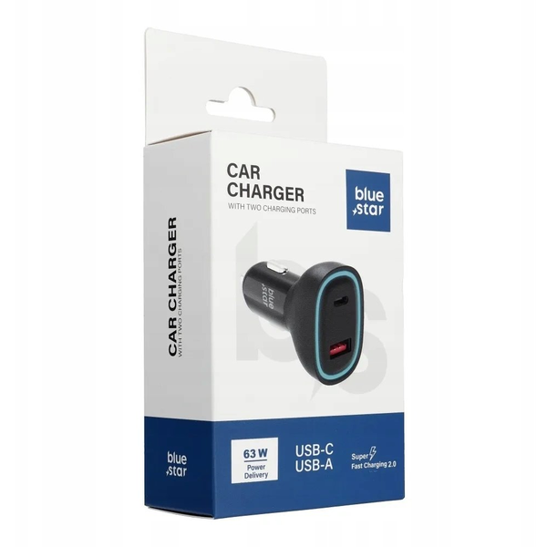 Ładowarka samochodowa Blue Star USB C + USB A QC3.0 PD AFC PPS SFC2.0 3A 63W czarna