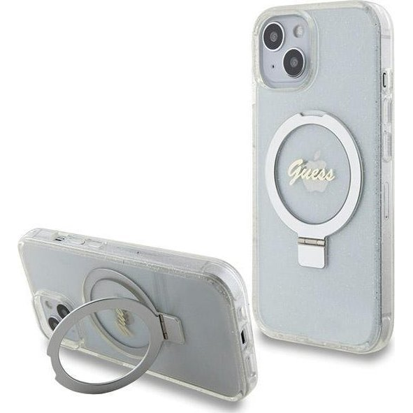 Guess Apple iPhone 15 IML Ring Stand Glitter Magsafe Hátlapvédő Tok Átlátszó