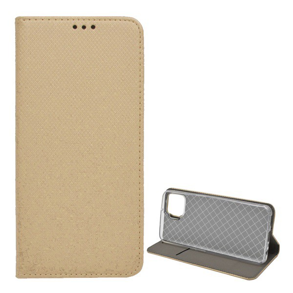 Калъф Oppo A73 4G Gigapack стоящ, кожен ефект (обръщане, странично отваряне, функция за държач за маса, ромбичен модел) златен, опаковка gigapack