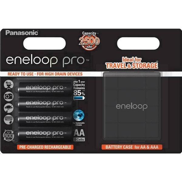 Акумулаторна батерия Panasonic Eneloop Pro AA, 2500mAh, 4 броя + Кутия за съхранение