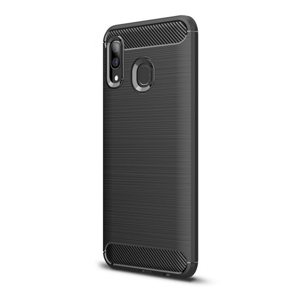 Szilikon telefonvédő (ütésállóság, légpárnás sarok, szálcsiszolt, karbon minta) FEKETE Samsung Galaxy A40 (SM-A405F) "Gigapack csomagolás" (GP-86606)