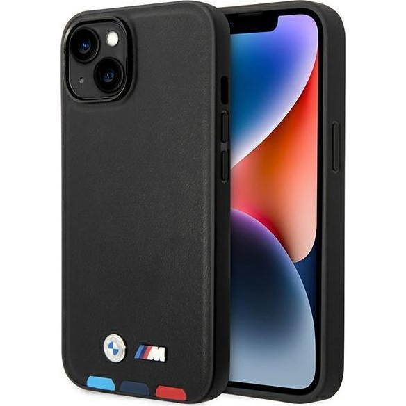BMW Leather Stamp Tricolor Magsafe Apple iPhone 14 Plus hátlap tok, fekete (BMHMP14M22PTDK)