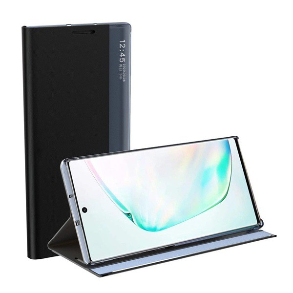 Tok álló, textil hatású (aktív FLIP, oldalra nyíló, asztali tartó funkció, Smart View Cover) FEKETE [Xiaomi Redmi Note 9T 5G] (5996591104966)