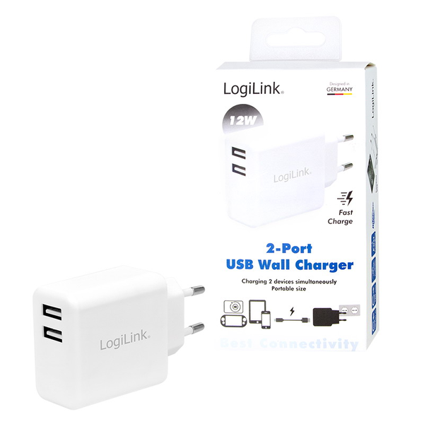 Lader 230V 2xUSB-A 12W LogiLink Wit
