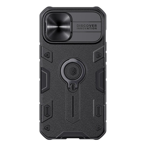 NILLKIN CAMSHIELD ARMOR defender műanyag telefonvédő (szilikon belső, közepesen ütésálló, telefontartó gyűrű) FEKETE [Apple iPhone 12 Pro Max]