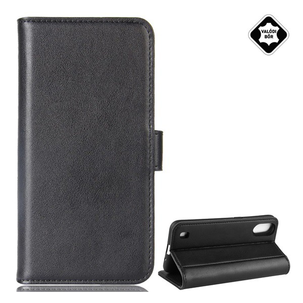 Tok álló, valódi bőr (FLIP, oldalra nyíló, asztali tartó funkció) FEKETE [Samsung Galaxy A01 (SM-A015F)] (5996457936410)
