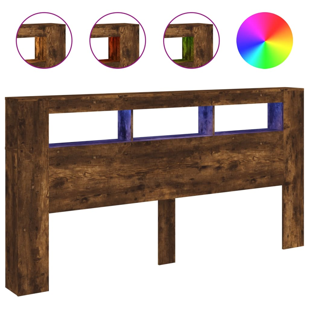 füstös tölgy színű szerelt fa LED-es fejtámla 200x18,5x103,5 cm (837369)