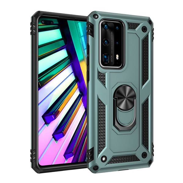 Defender műanyag telefonvédő (közepesen ütésálló, szilikon belső, telefontartó gyűrű, beépített fémlemez) SÖTÉTZÖLD [Huawei P40] (5996457945276)