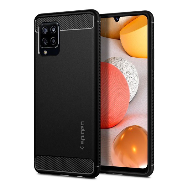 SPIGEN RUGGED ARMOR szilikon telefonvédő (közepesen ütésálló, légpárnás sarok, karbon minta) FEKETE [Samsung Galaxy A42 5G (SM-A425F)]