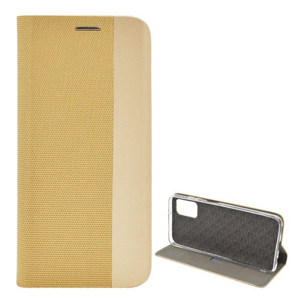 Tok álló, bőr hatású (FLIP, oldalra nyíló, asztali tartó funkció, textil minta) ARANY [Samsung Galaxy A03s (SM-A037F)] (5996591114750)