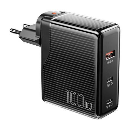 Essager ECT2CA-ZXB01-Z USB-A + 2xUSB-C 100W GaN hálózati töltő fekete (ECT2CA-ZXB01-Z)
