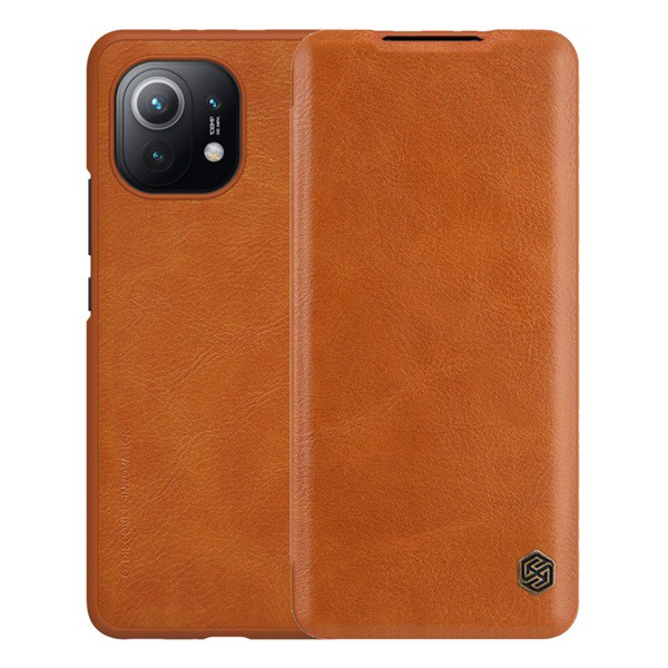 NILLKIN QIN tok álló, bőr hatású (FLIP, oldalra nyíló, bankkártya tartó) BARNA [Xiaomi Mi 11 5G] (5996591036090)
