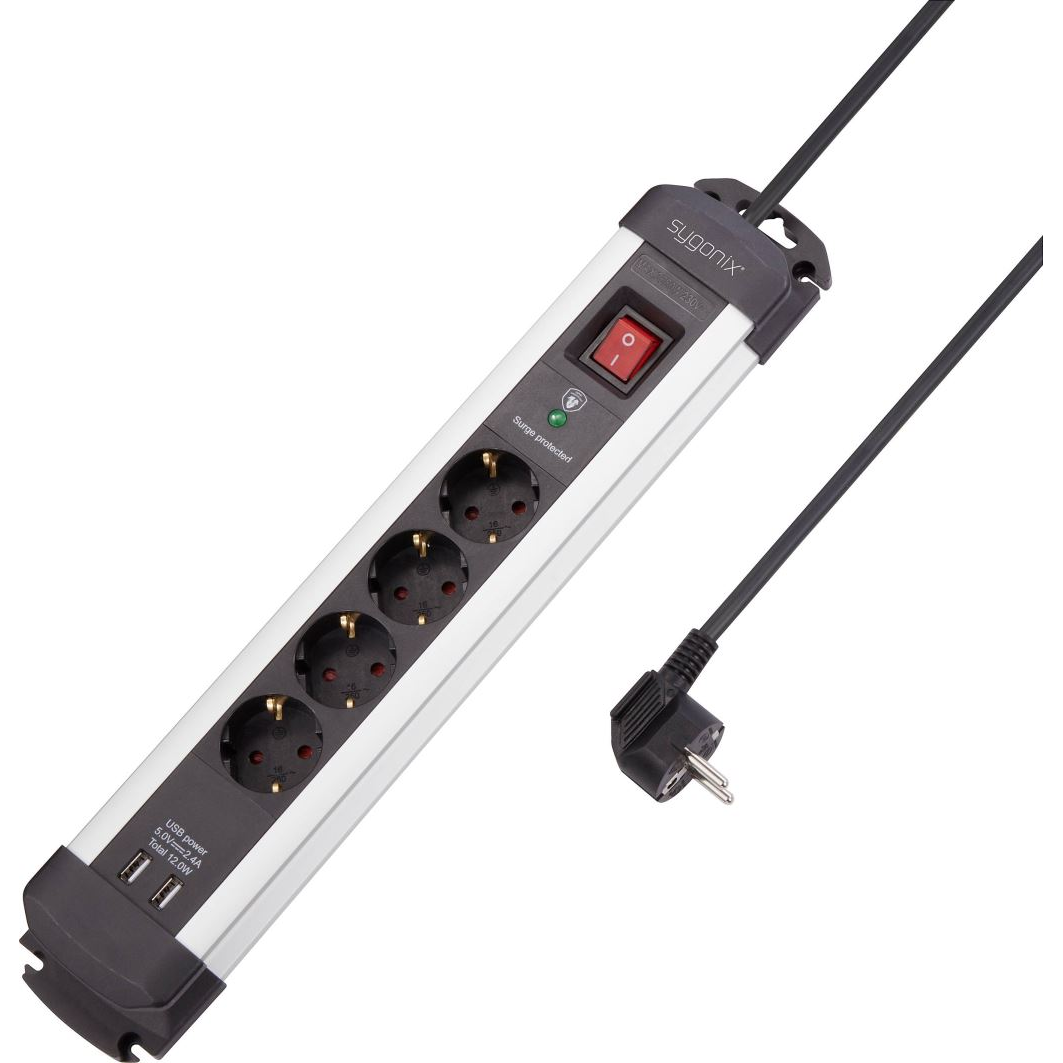 Sygonix SY-4755592 Túlfeszültség ellen védő elosztó Ezüst, Fekete Védőérintkezős 1,4m (SY-4755592)