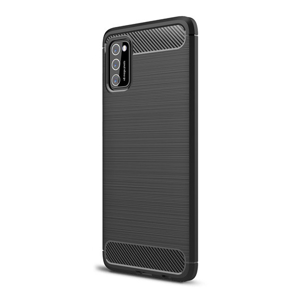 Szilikon telefonvédő (közepesen ütésálló, légpárnás sarok, szálcsiszolt, karbon minta) FEKETE [Samsung Galaxy A41 (SM-A415F)] (5996457949748)
