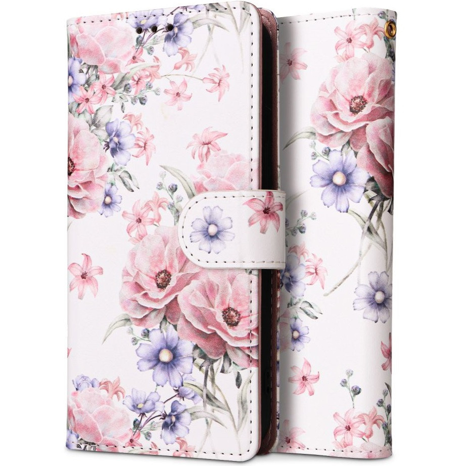 Samsung Galaxy M13 4G SM-M135F, Oldalra nyíló tok, stand, mágnes csattal, virág minta, TP Wallett Blossom Flower, fehér/színes (136773)