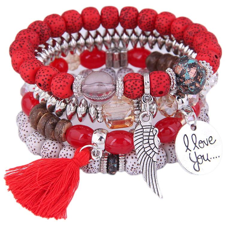 Wrap Q1 női gyöngykarkötő, 4 db - piros (15155)