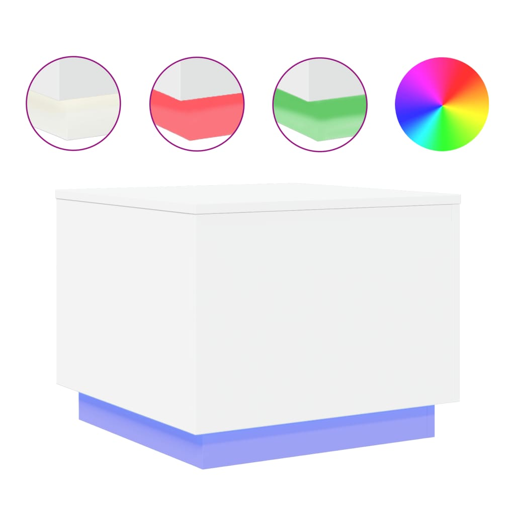 fehér dohányzóasztal LED-lámpákkal 50 x 50 x 40 cm (839868)