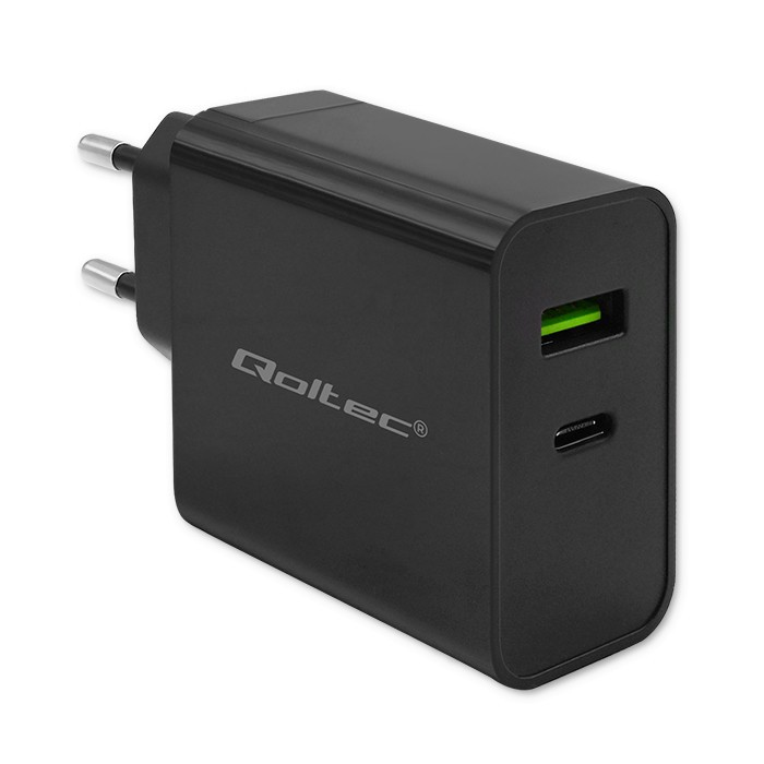 Qoltec 52378 Super Quick 1x USB Type-C / 1x USB Type-A Hálózati töltő - Fekete (45W) (52378)