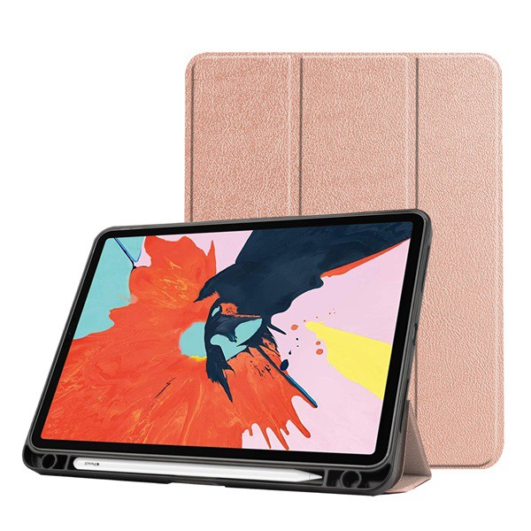 Tok álló, bőr hatású (aktív FLIP, oldalra nyíló, TRIFOLD asztali tartó funkció, Apple Pencil tartó) ROZÉARANY [Apple IPAD Air 2022] (5996591017167)