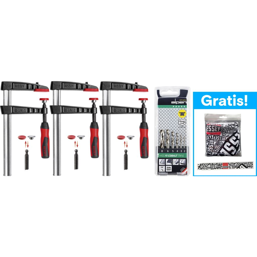 BESSEY csavaros bilincsek és fémfúrókészlet összecsukható szabályzóval + tömlősál (TG16-2K+100906100) (TG16-2K+100906100)