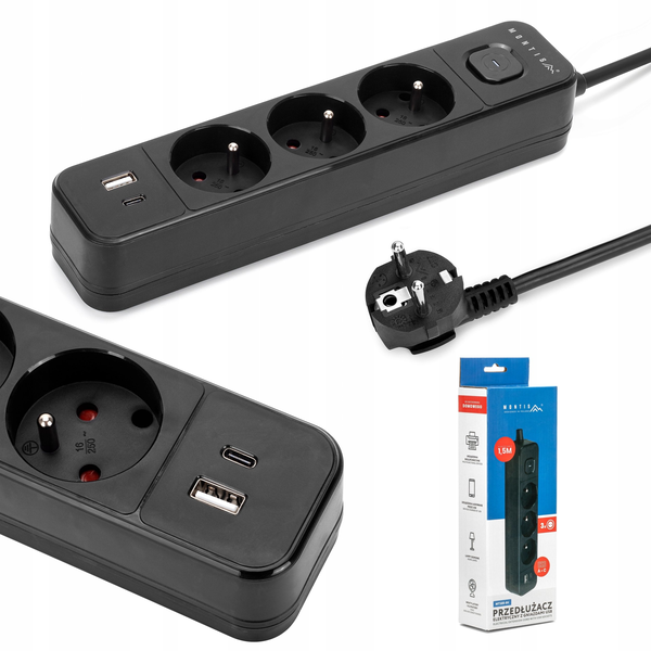 Montis Przedłużacz elektryczny czarny 3-gniazdowy z USB 3m MT185-BK-3