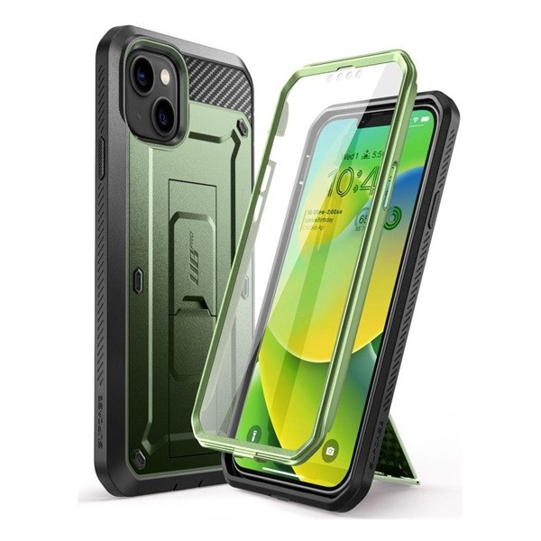 Apple iPhone 14 Plus, пластмасов заден капак + скрийн протектор, средна устойчивост на удар, пръстен за държач за телефон, със стойка, може да се закачи за колан, SupCase Unicorn Beetle Pro, тъмнозелен (RS132782)