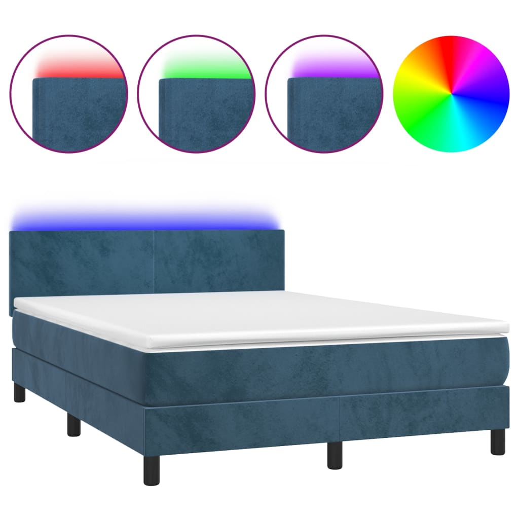sötétkék bársony rugós és LED-es ágy matraccal 140x190 cm (3134283)
