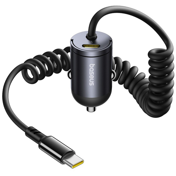 Ładowarka Baseus Ładowarka samochodowa USB-C z wbudowanym spiralnym kablem USB-C 30W - czarna Ładowarka samochodowa USB-C z wbudowanym spiralnym kablem USB-C 30W - czarna