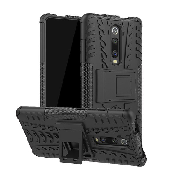 Defender műanyag telefonvédő (közepesen ütésálló, szilikon belső, kitámasztó, autógumi minta) FEKETE [Xiaomi Redmi K30 / K30 5G] (5996457948642)