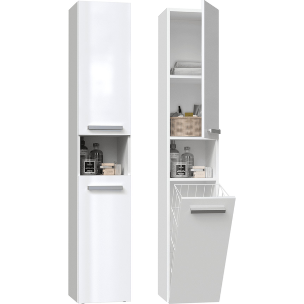  Topeshop SZAFKA ŁAZIENKOWA REGAŁ SŁUPEK KOSZ NEL III BIAŁY POŁYSK