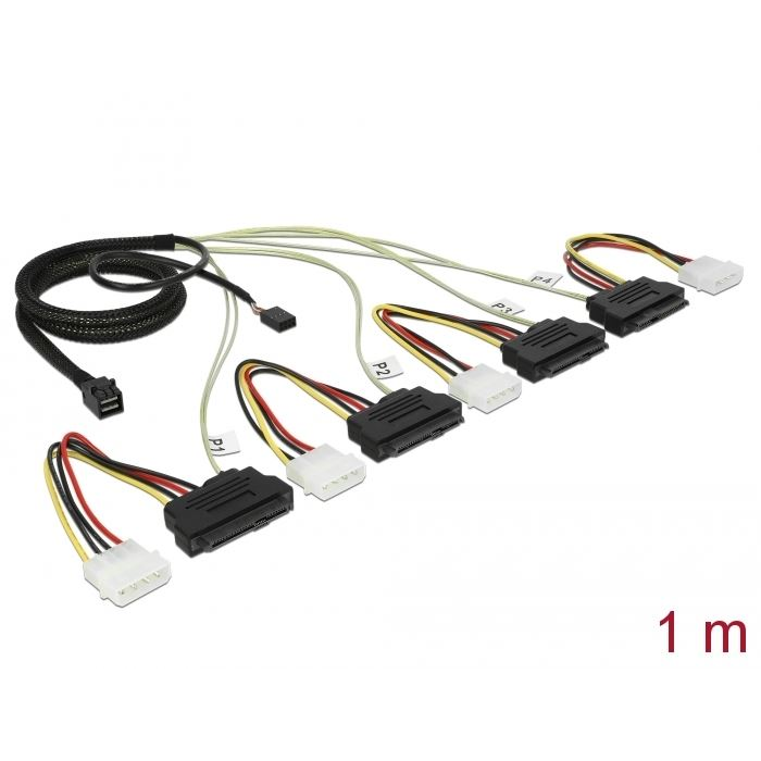 Delock Mini SAS HD SFF-8643 > 4 x SAS SFF-8482 + táp + oldalsáv kábel 1 m (83391) (del83391)