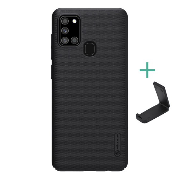 NILLKIN SUPER FROSTED műanyag telefonvédő (gumírozott, érdes felület + asztali tartó) FEKETE [Samsung Galaxy A21s (SM-A217F)] (5996457973385)