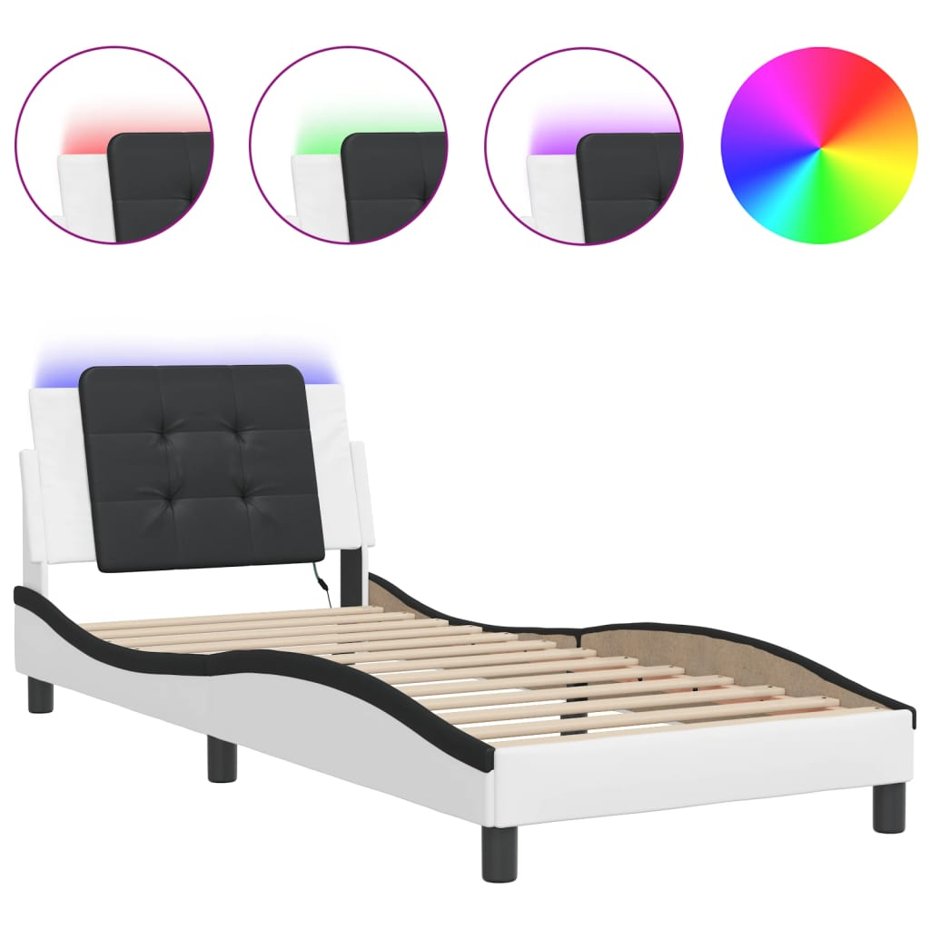 fehér és fekete műbőr ágykeret LED-világítással 90 x 200 cm (3214088)